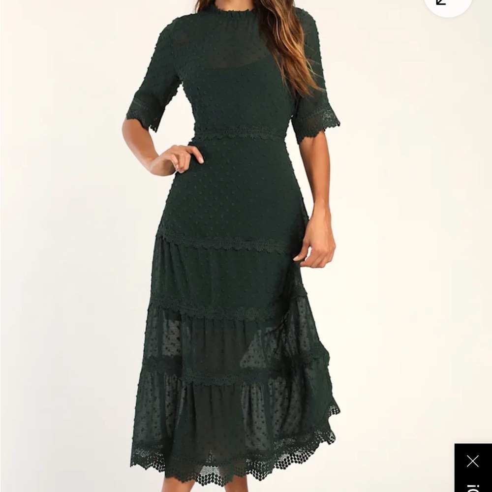 Lulu's Dark Forest Green Lace Tiered Midi Dress